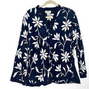 Talbots Blouse 16w Navy Blue Embroidered White Floral Split Neck Long Sleeve Top